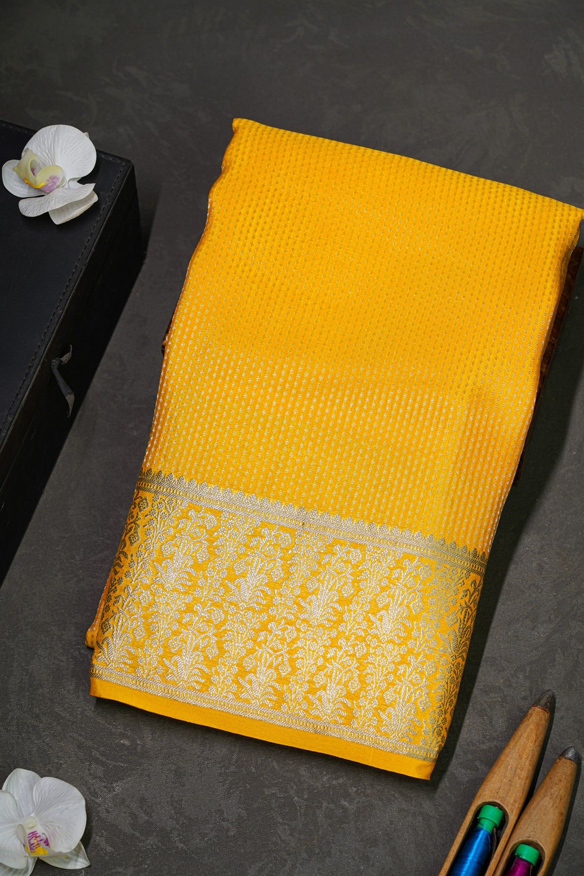 Mysore Crepe Yellow Saree