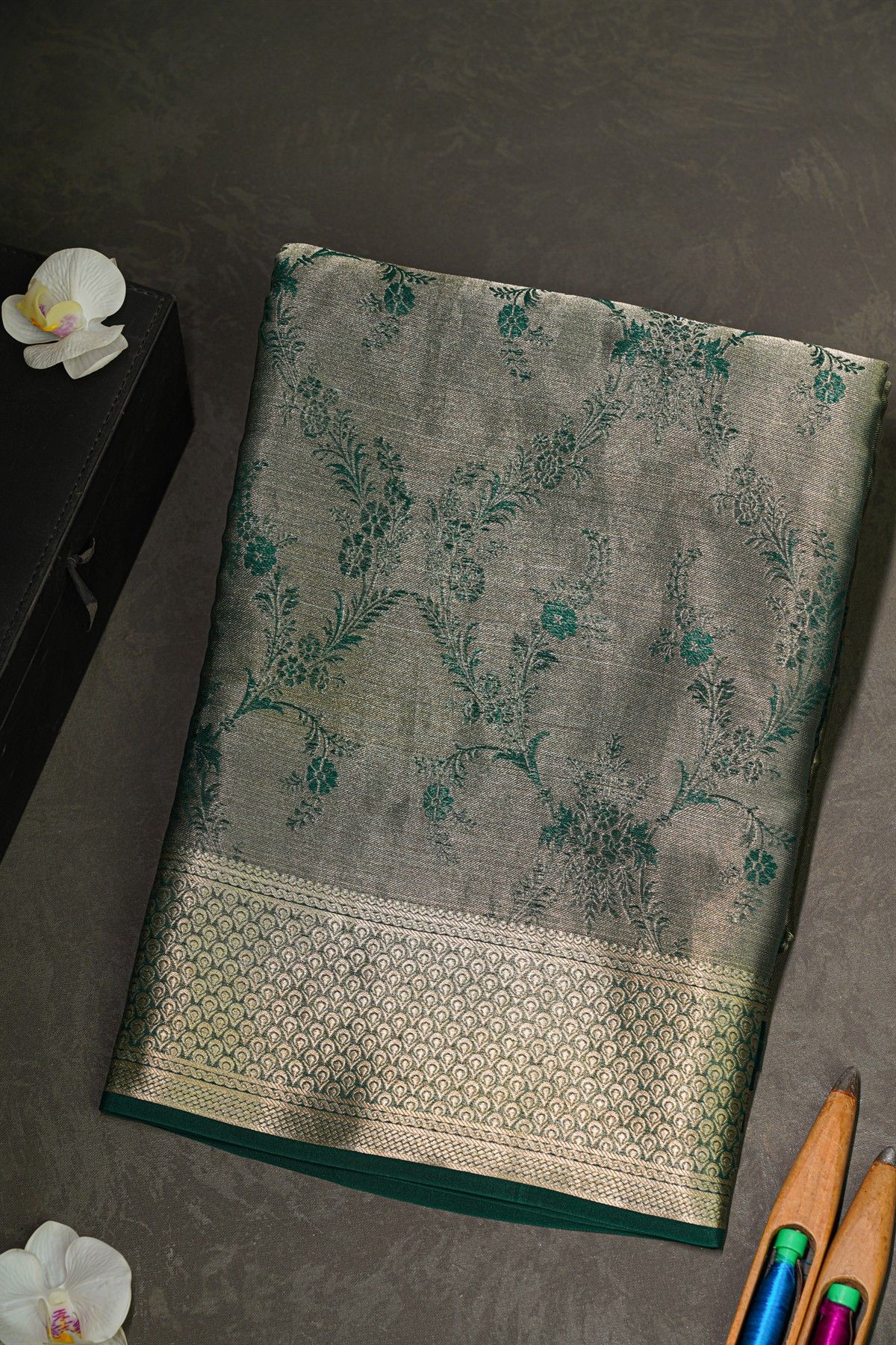 Mysore Crepe Bottle Green Saree