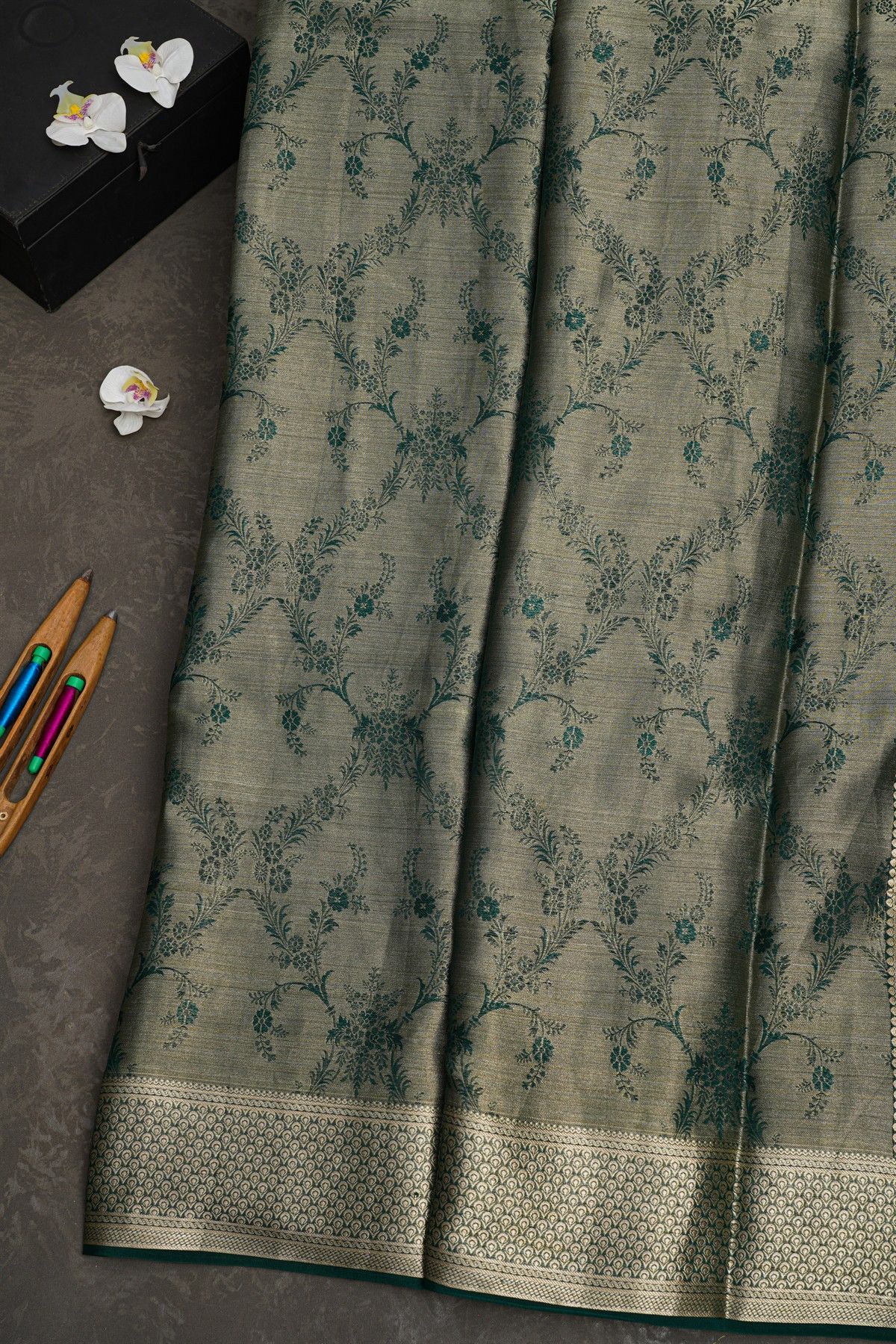 Mysore Crepe Bottle Green Saree