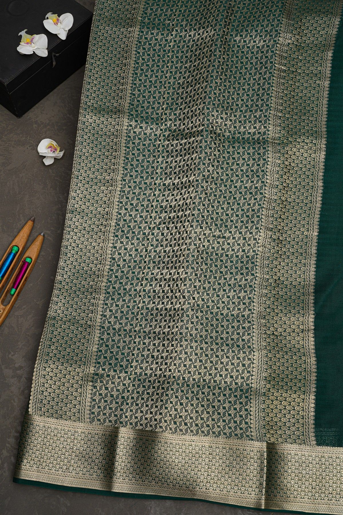 Mysore Crepe Bottle Green Saree