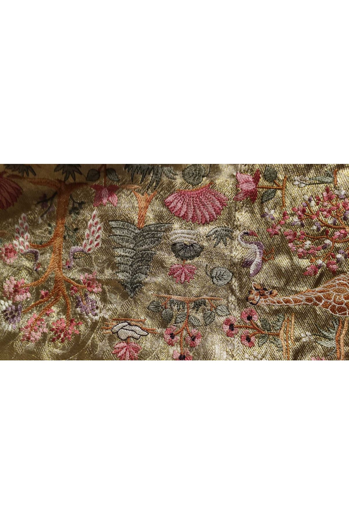 Fusion Kancheepuram Tissue Peach Saree With Florals And Animals In Thread Work