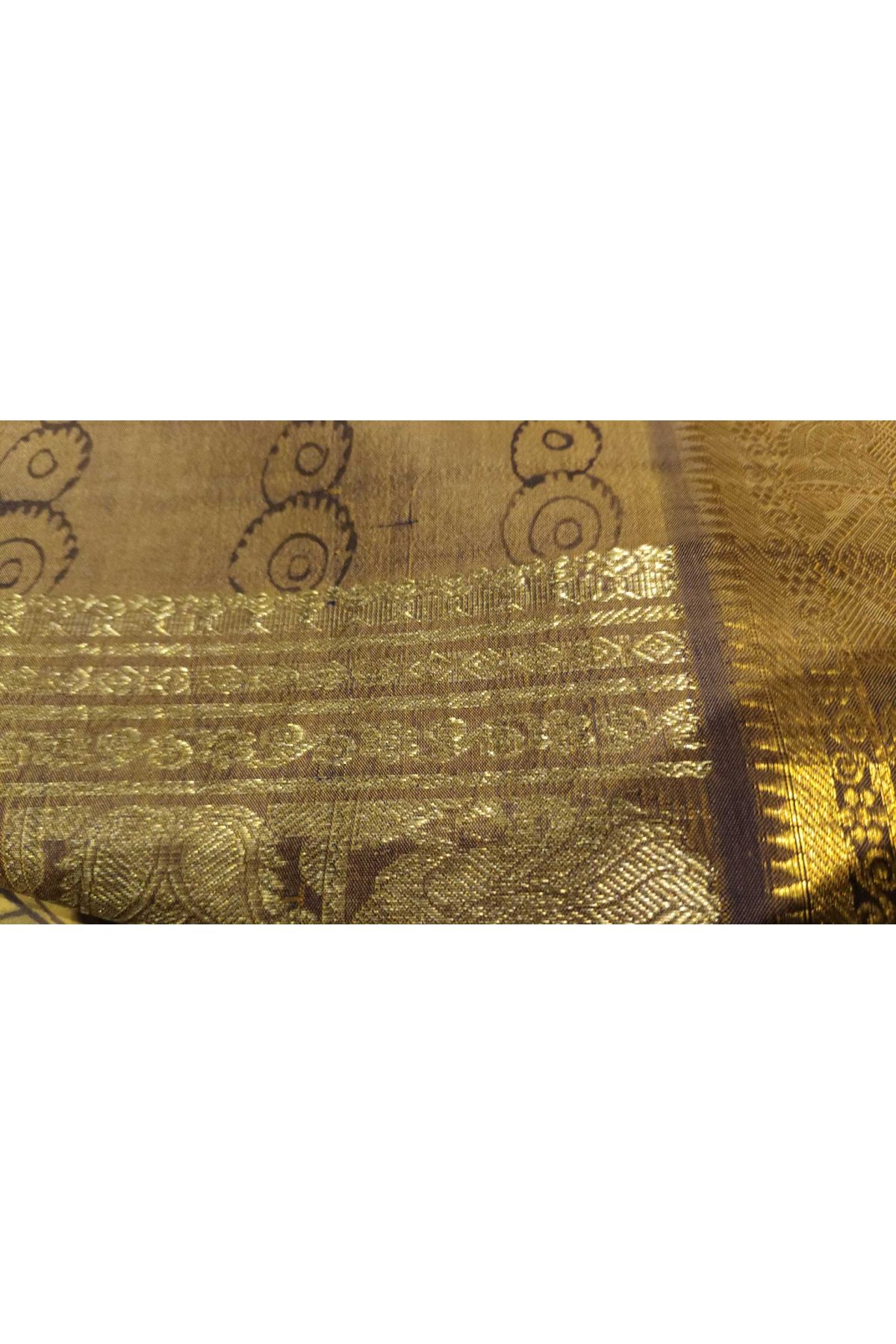 Kalamkari Silk Yellow Saree With Peacocks And Paisley In Box Border