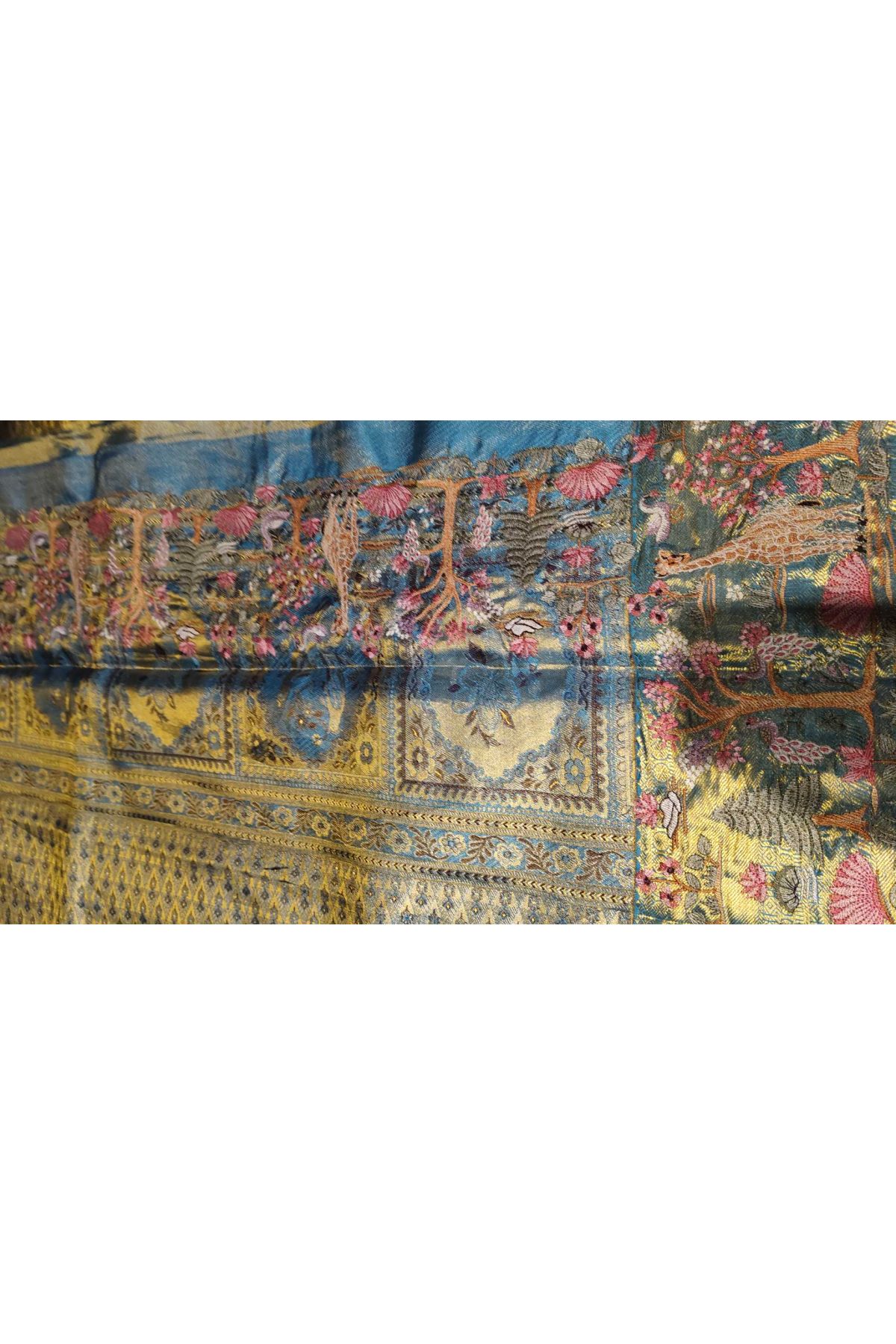 Fusion Kancheepuram Tissue Sky Blue Saree With Peacocks And Swans In Thread Work Border
