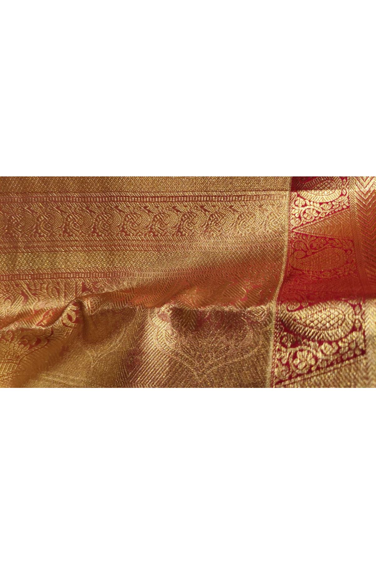 Kancheepuram Silk Gold Saree With Florals And Leaves Body And Contrast Zig-Zag Lines With Florals And Animals Border