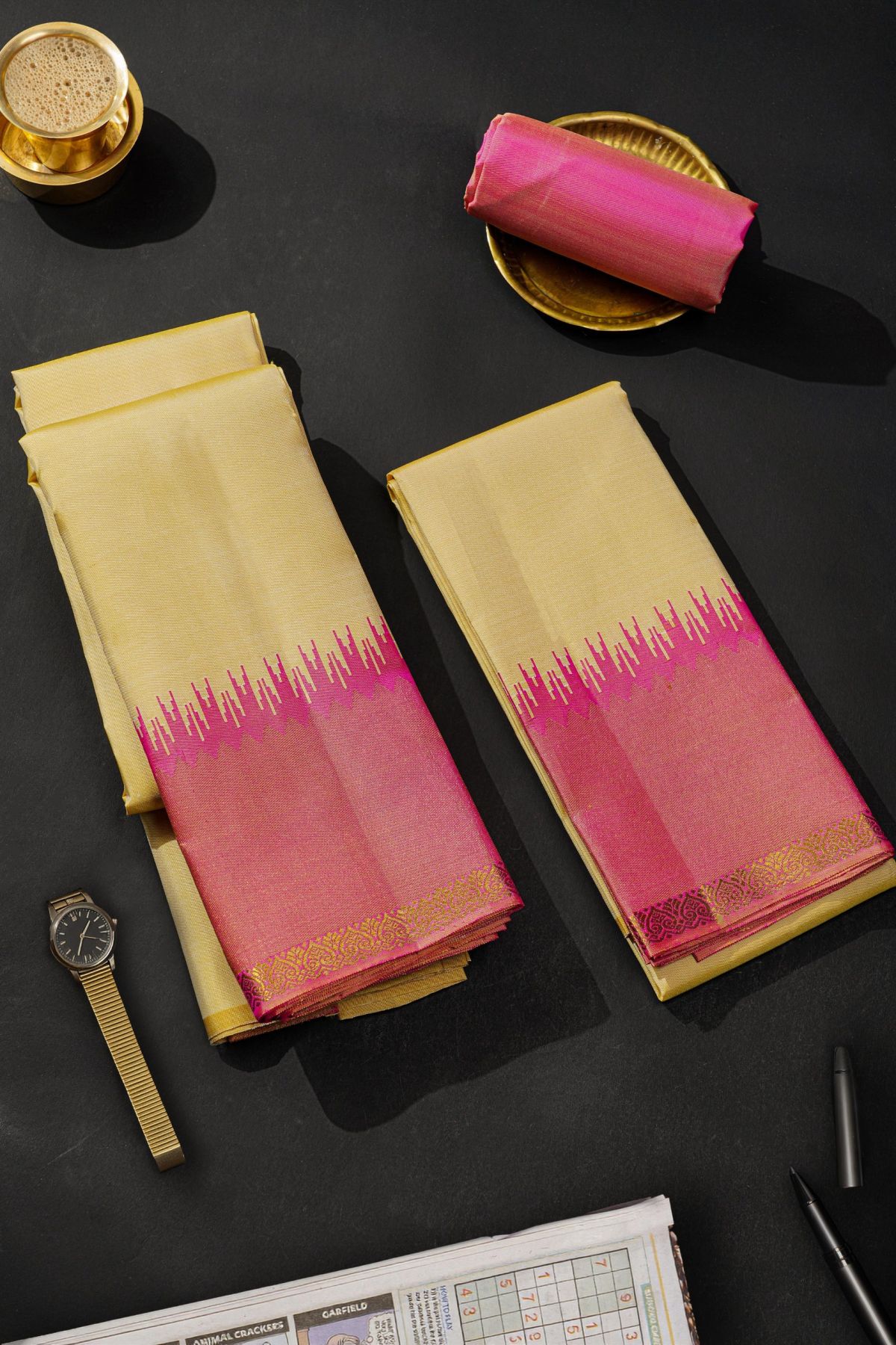 Kancheepuram Silk Cream Dhoti With Contrast Kaddi Border