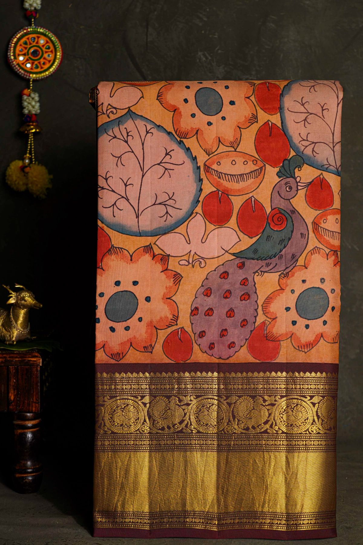 Kalamkari Silk Rust Brown Saree With Peacocks And Geometric Border