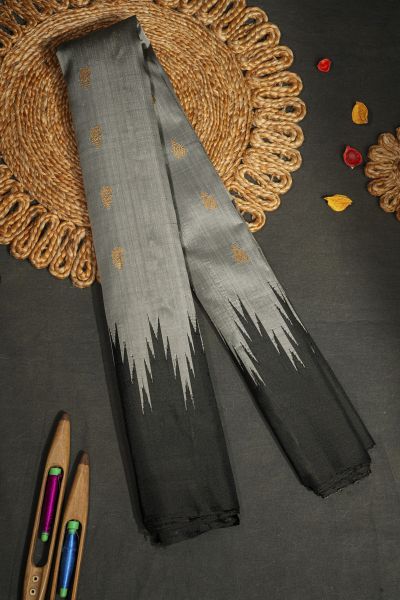 Gadwal Silk Slate Grey Saree With Peacock Buttis Body And Temple Border