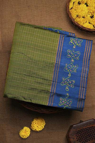 Coimbatore Soft Silk Mehendi Green Saree With Brush Hand-Painted Kolam Border