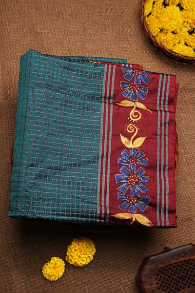 Coimbatore Soft Silk Teal Blue Saree With Brush Hand-Painted Florals And Leaves Jaal Border