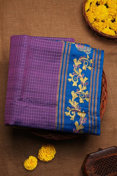 Coimbatore Soft Silk Purple Saree With Brush Hand-Painted Florals And Elephants Border
