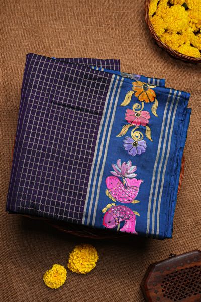 Coimbatore Soft Silk Navy Blue Saree With Brush Hand-Painted Florals And Fishes Border