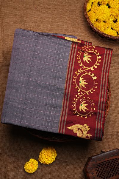 Coimbatore Soft Silk Grey Saree With Brush Hand-Painted Florals And Peacocks Border
