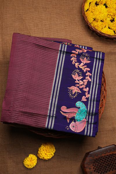 Coimbatore Soft Silk Wine Saree With Brush Hand-Painted Florals And Peacocks Border