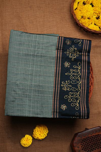 Coimbatore Soft Silk Grey Saree With Brush Hand-Painted Kolam Border