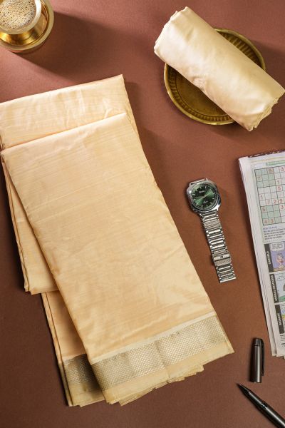 Kancheepuram Silk Light Yellow Dhoti And Shalya