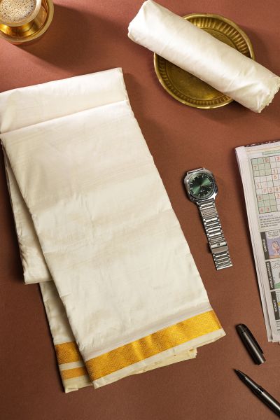 Kancheepuram Silk Off-White Dhoti And Shalya