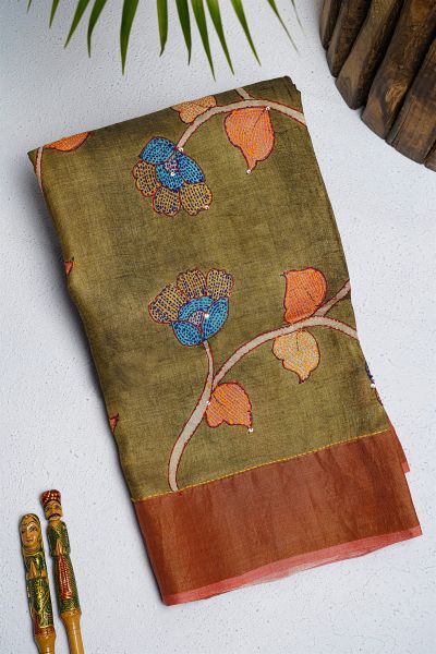 Fancy Tussar Mehendi Green  Saree