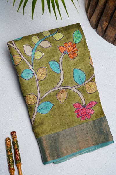 Designer Tussar Olive Green Saree