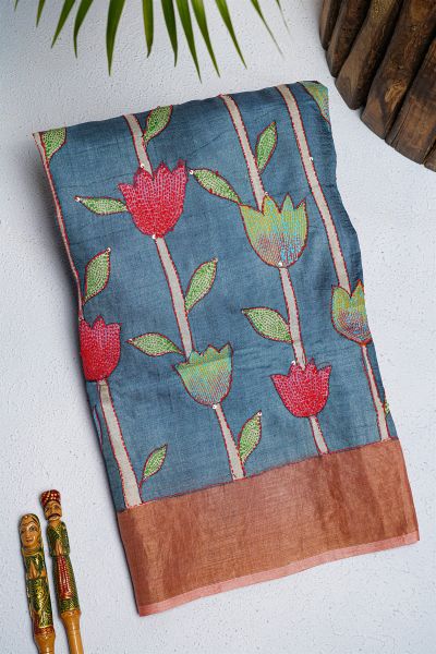 Designer Tussar Navy Blue Saree