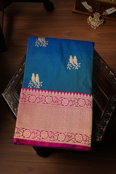 Banarasi Kathan Silk Peacock Blue Saree