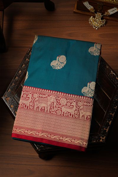 Banarasi Kathan Silk Peacock Blue Saree