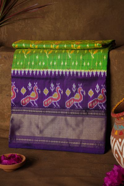 Ikat Silk Parrot Green Saree