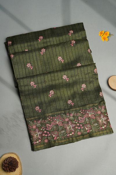 Designer Tussar Mehendi Green Saree