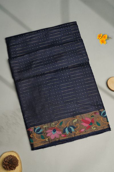 Designer Tussar Navy Blue Saree