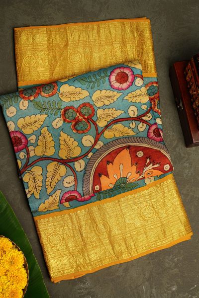 Kalamkari Silk Sky Blue Saree