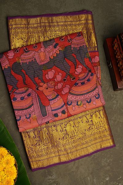 Kalamkari Silk Brick Red Saree