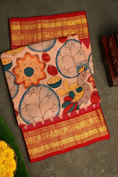 Kalamkari Silk Light Pink Saree