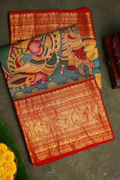 Kalamkari Silk Blue Saree