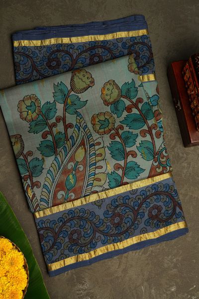 Kalamkari Silk Ice Blue Saree