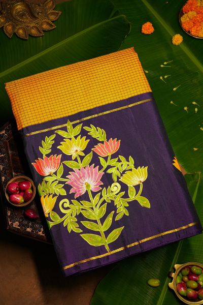 Gadwal Silk Yellow Floral Hand Painted Saree