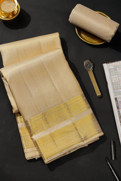 Kancheepuram Silk Off White Dhoti With Zig-Zag Lines In Curvy Shapes