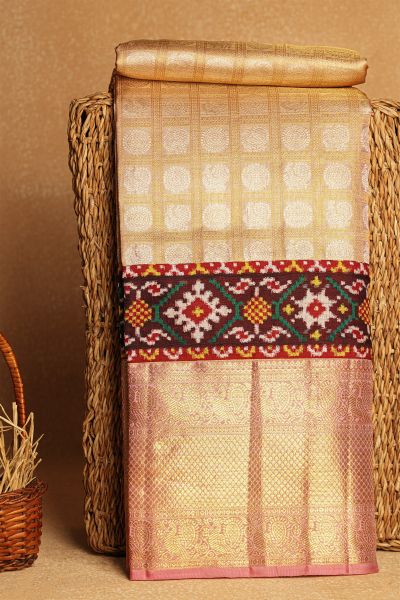 Fusion Silk Gold Peach Ikat Patola Zari Border Saree