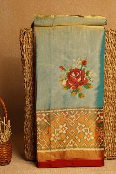 Fusion Silk Ice Blue Ikat Patola Zari Border Saree