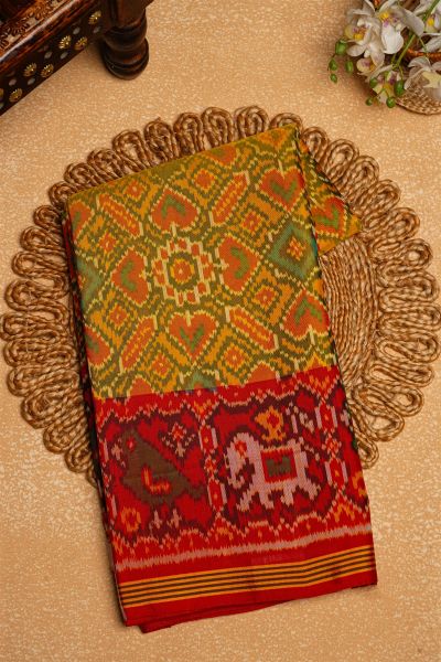 Patola Silk Multi Colour Saree And Florals With Leaves Jaal, Florals And Leaves Body And Contrast Elephants And Parrots In Box Border