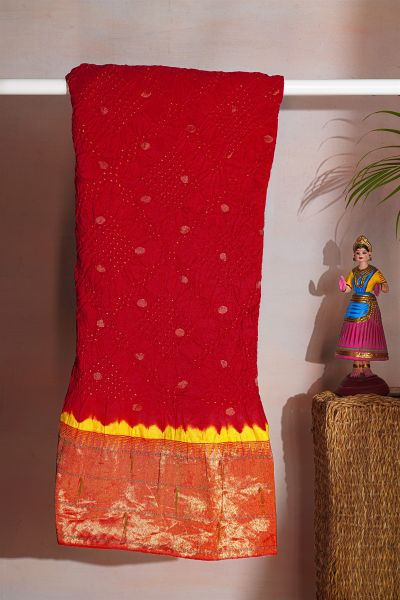 Bandhani Silk Red Saree With Paithani Pallu