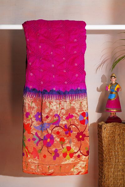 Bandhani Silk Pink Bandhani Print Saree With Paithani Border
