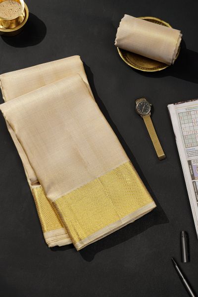 Kancheepuram Silk Cream Dhoti With Cross Lines And Gold Zari Border