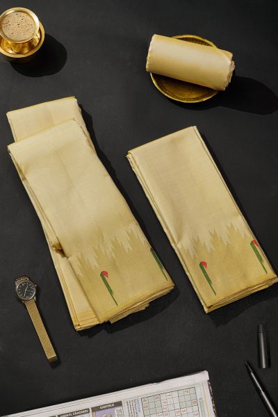 Kancheepuram Silk Cream Dhoti With Muniya Buttis Temple Border