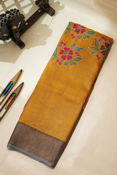Fancy Tussar Mustard Saree With Kaddi Border