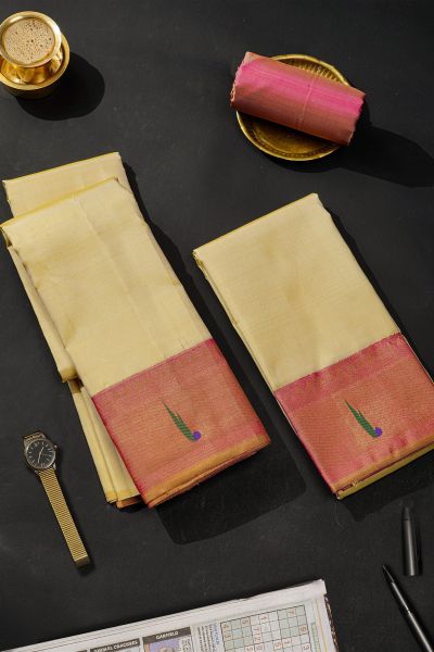 Kancheepuram Silk Cream Dhoti With Muniya Buttis Contrast Border