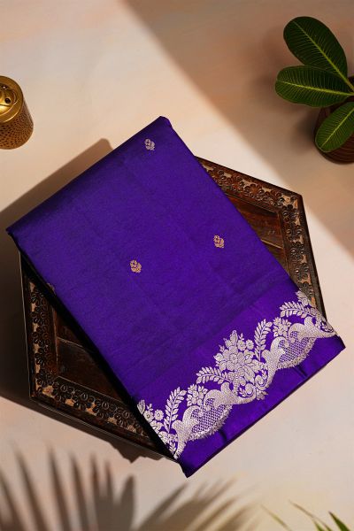 Fancy Matka Silk Royal Blue Saree With Florals And Buttis Body And Self Florals And Leaves Jaal Border