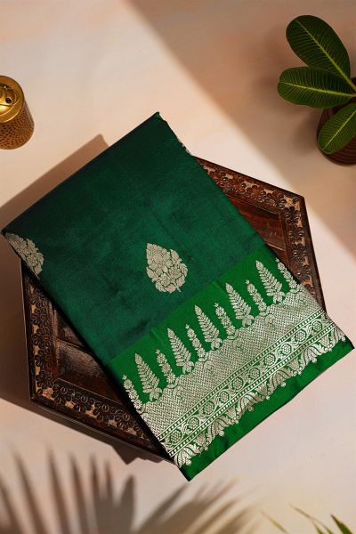 Fancy Matka Silk Bottle Green Saree With Florals And Buttis Body And Self Florals And Leaves Border