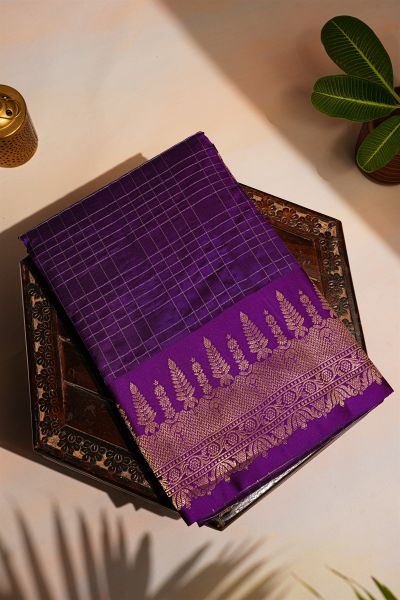 Fancy Matka Silk Purple Saree With Checks Body And Self Florals And Leaves Border