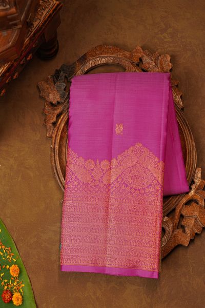 Kancheepuram Pure Silk Pink Saree With Florals And Leaves With Peacocks In Zari Border