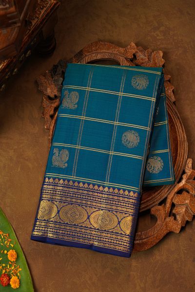 Kancheepuram Pure Silk Royal Blue Saree With Florals And Leaves Border