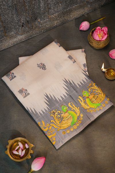 Gadwal Silk Off White Saree With Tanjore Hand-Painted Border And Floral Brocade Pallu